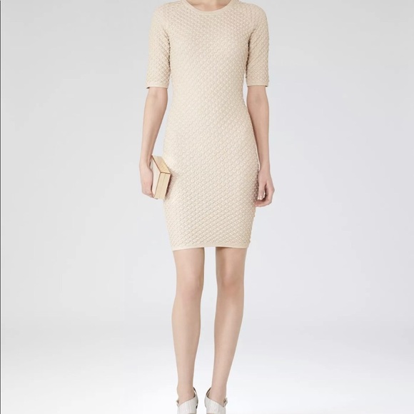 REISS India Shimmer Gold Dress S 4 NEW Lurex Ivory Textured Stretch Bodycon - Picture 3 of 6